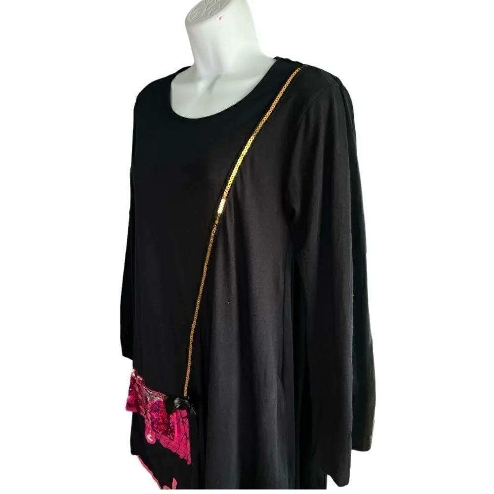 DESIGUAL  Girls Black Pink Embellished Long Sleeve 100% Cotton Dress Size 13/14